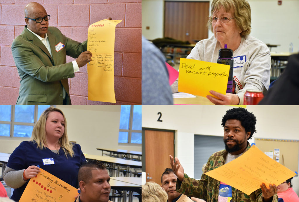 Four photos that show four individuals speaking with large sticky notes at the This Is Akron conversation series.